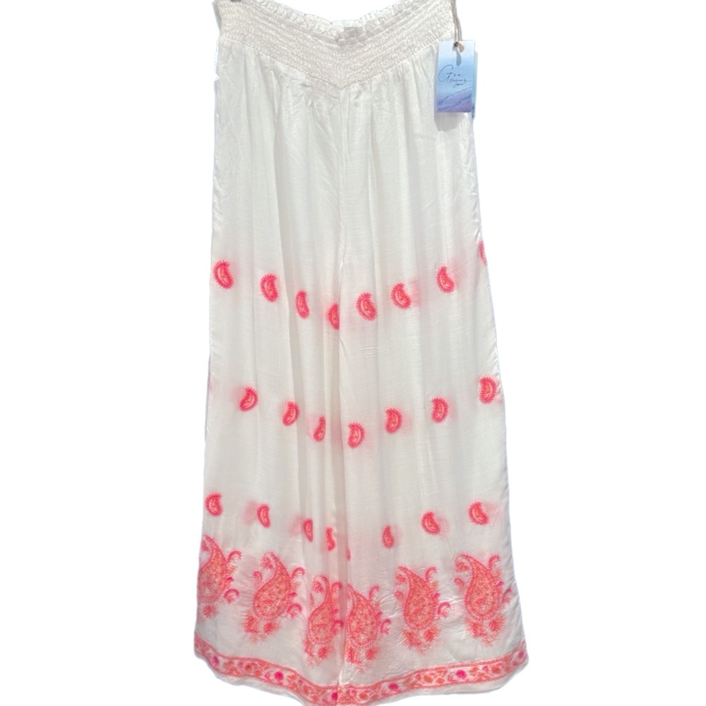 GOA BEACHWEAR BY JAPNA WHITE WIDE LEG PANTS WITH PINK‎ DESIGN SIZE LARGE.
